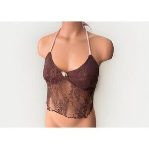 Women’s Brown Lace Open Back Crop Top Size S Boho Hippie Festival